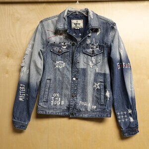 KLEEP Denim Jacket Urban core Graffiti Festival Distressed Button Up Sz-M
